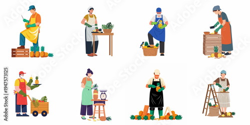 A collection of vector illustrations showing diverse agricultural workers harvesting, peeling, and processing fresh pineapples in various settings.