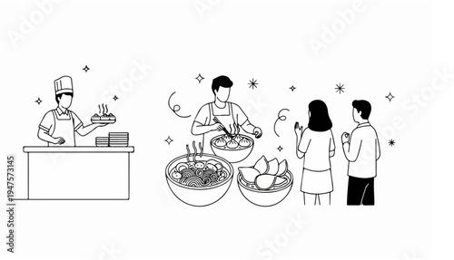 A cartoon vector illustration set of a business man and woman with a speech bubble sharing humor while they work in an office or a restaurant with food