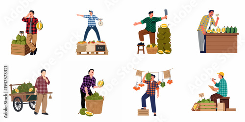 Set of illustrations depicting various male street vendors selling durians and tropical fruits in diverse market settings.