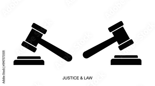 Two gavels mirrored above sound blocks with scales of justice below, symbolizing fairness, law authority, courtroom dispute, judicial balance