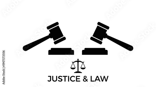 Two gavels mirrored above sound blocks with scales of justice below, symbolizing fairness, law authority, courtroom dispute, judicial balance