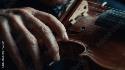 extreme close up of violinist left hand pressing strings on fingerboard, visible calluses on fingertips, detailed wood texture of violin neck