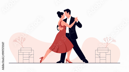 Couple dancing tango in elegant outfit romantic evening red dress black suit interior background
