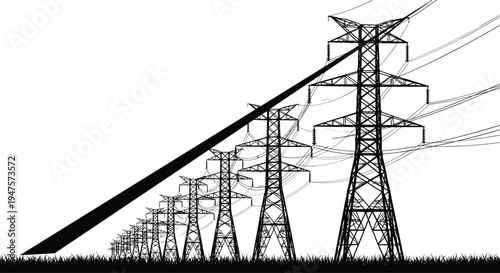 Row of electricity pylons marching across a grassy landscape silhouette power lines