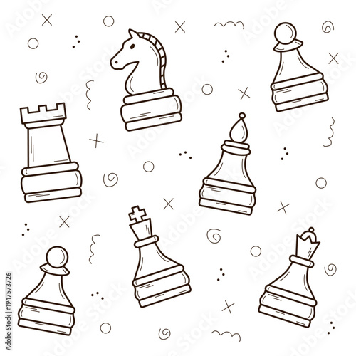 Linear vector flat pattern of chess pieces on white background