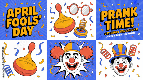 Colorful april fools' day graphics with clown faces prank items and festive confetti
