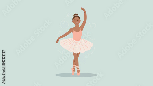 Young ballerina dancing in pink tutu and ballet shoes on light green background with one arm raised