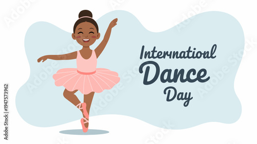 Smiling young girl in pink ballet outfit dancing on international dance day with blue background