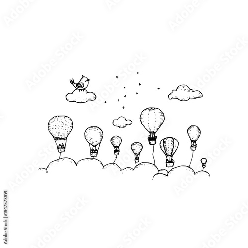 Whimsical hand drawn black and white illustration of numerous hot air balloons ascending from fluffy clouds into a starry sky accompanied by a charming small bird perched