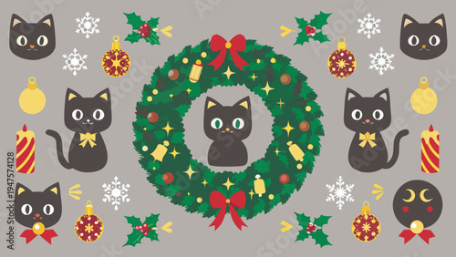 Adorable black cats surround a festive christmas wreath with ornaments and bows on a gray background