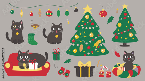 Multiple cute black cats play in a festive holiday room with christmas trees and decorations