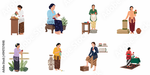 Set of flat vector illustrations of Indonesian women wearing traditional Javanese kebaya and batik sarongs while performing various daily activities.