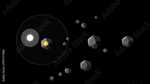 Geometric asteroid field illustration with glowing yellow object and large planet or moon in background black space