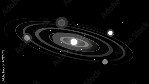 Cosmic portal illustration with glowing white center swirling gray rings and orbiting planets in space futuristic and mystical design element