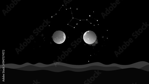 Cosmic ocean scene with calm waves and moons in a starry night sky abstract vector illustration