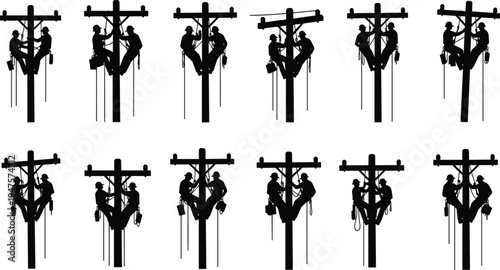 Ten Silhouettes of Linemen Working on Utility Poles lineman utility worker