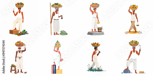 A set of flat illustrations featuring various men in white clothes carrying baskets of tropical fruit on their heads, representing traditional market vendors.
