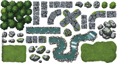 Top-down vector game assets set featuring various modular terrain elements like green trees, grass patches, cracked stone paths, rocks, and winding rivers, ideal for fantasy maps and RPG design