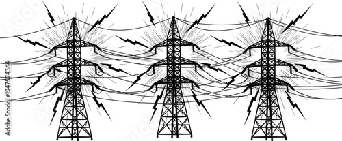 Three electricity pylons with tangled wires and lightning bolts on white background power line transmission tower