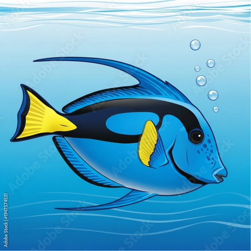 Blue Surgeonfish Swimming Underwater with Bubbles.