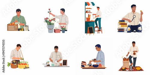 Collection of diverse small business owners and street vendors managing their shops, selling goods, and accounting, isolated on white background.