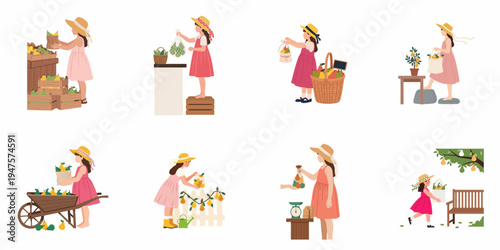 Collection of illustrations featuring a young girl harvesting, carrying, and selling fresh pears in various outdoor and market settings.