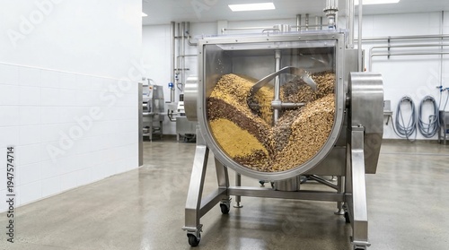 Industrial mixer processing a blend of grains and seeds in a clean food production facility