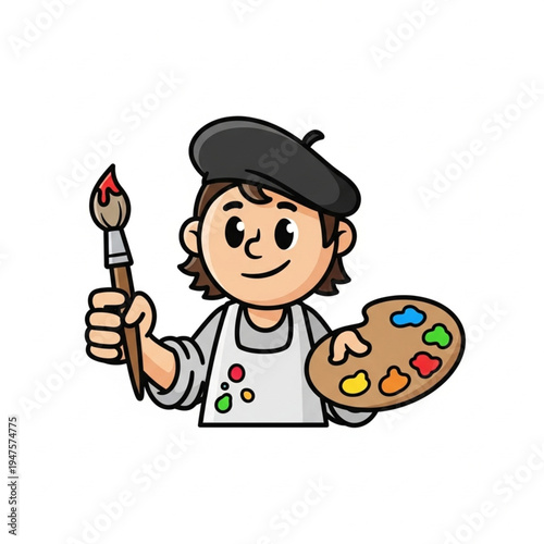 Cartoon Artist Holding Paintbrush and Palette.