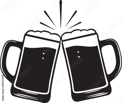 Two frothy beer mugs clinking together in a cheerful toast, symbolizing celebration, friendship, and good times.