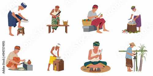 Flat vector illustration set of traditional Southeast Asian men engaged in various activities like sharpening knives, peeling fruit, and harvesting sugarcane.