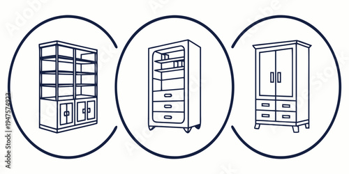 Three different types of storage furniture arranged in a circular pattern.