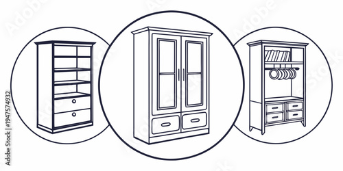 Three distinct styles of wooden cabinets showcasing different designs and functionalities