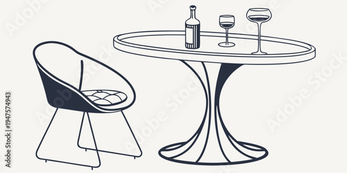 Minimalist black chair and round table with wine glasses and bottle
