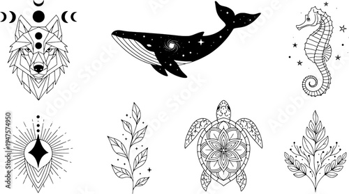 Set of 6 minimalist boho celestial wolf and animal vectors, "Created with AI assistance and manually refined.