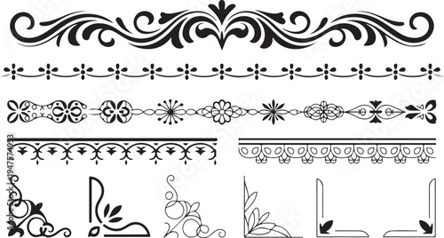 Set of vintage floral ornamental design elements and borders for decoration and design purposes