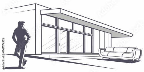 Modern home with a person walking by and a couch on the patio.