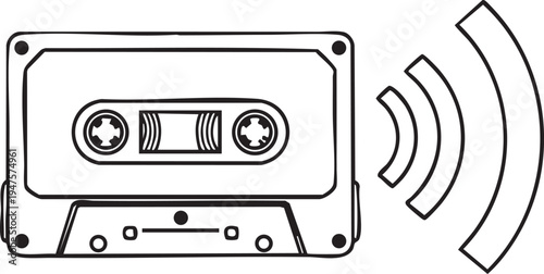 A classic audio cassette tape alongside radiating sound waves, representing vintage music, analog sound, and the golden era of recordings.