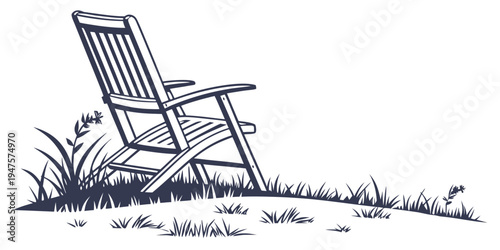 A solitary wooden chair rests on a grassy hillside under a clear sky.