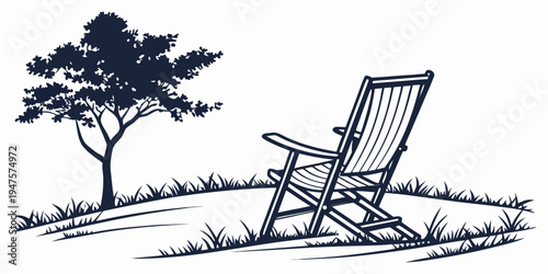 A relaxing deck chair positioned in front of a solitary tree on a grassy area.