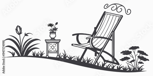A relaxing garden scene with a comfortable chair and potted plants