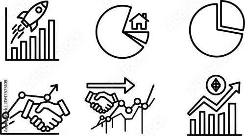 Clean outline economic growth and invest symbols collection, market analysis set, "Created with AI assistance and manually refined."