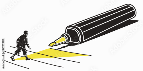 A person walking along a yellow line drawn by a giant pencil.