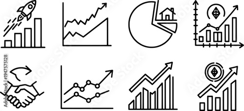 Set of 6 dynamic financial data analysis graphs, business success vector collection, "Created with AI assistance and manually refined."