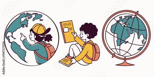 Children from different cultures learning about the world together