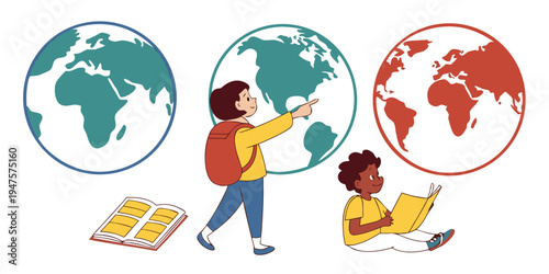 Children exploring the world through books and globes in a vibrant illustration