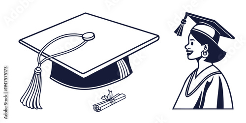 Graduation cap and diploma with a student in cap and gown