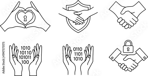 Clean outline secure network handshake and love symbols collection, "Created with AI assistance and manually refined."