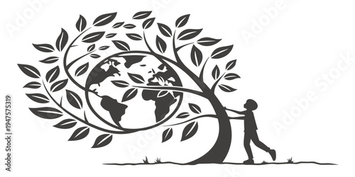 A person nurturing a tree with roots forming a globe, symbolizing global environmental care.