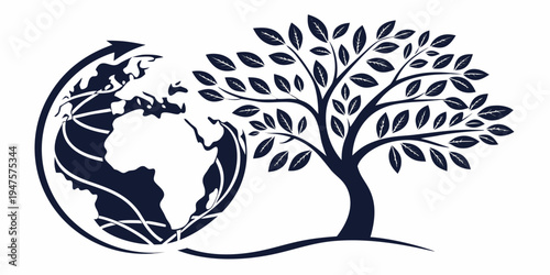 A stylized depiction of a globe intertwined with a tree, symbolizing environmental harmony.