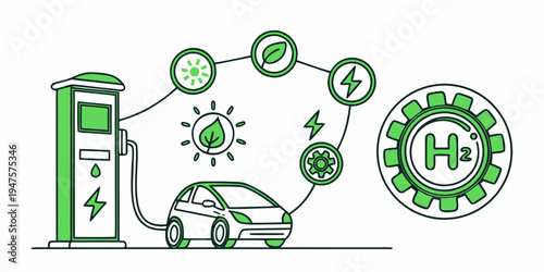 Electric car charging station with various energy and efficiency icons